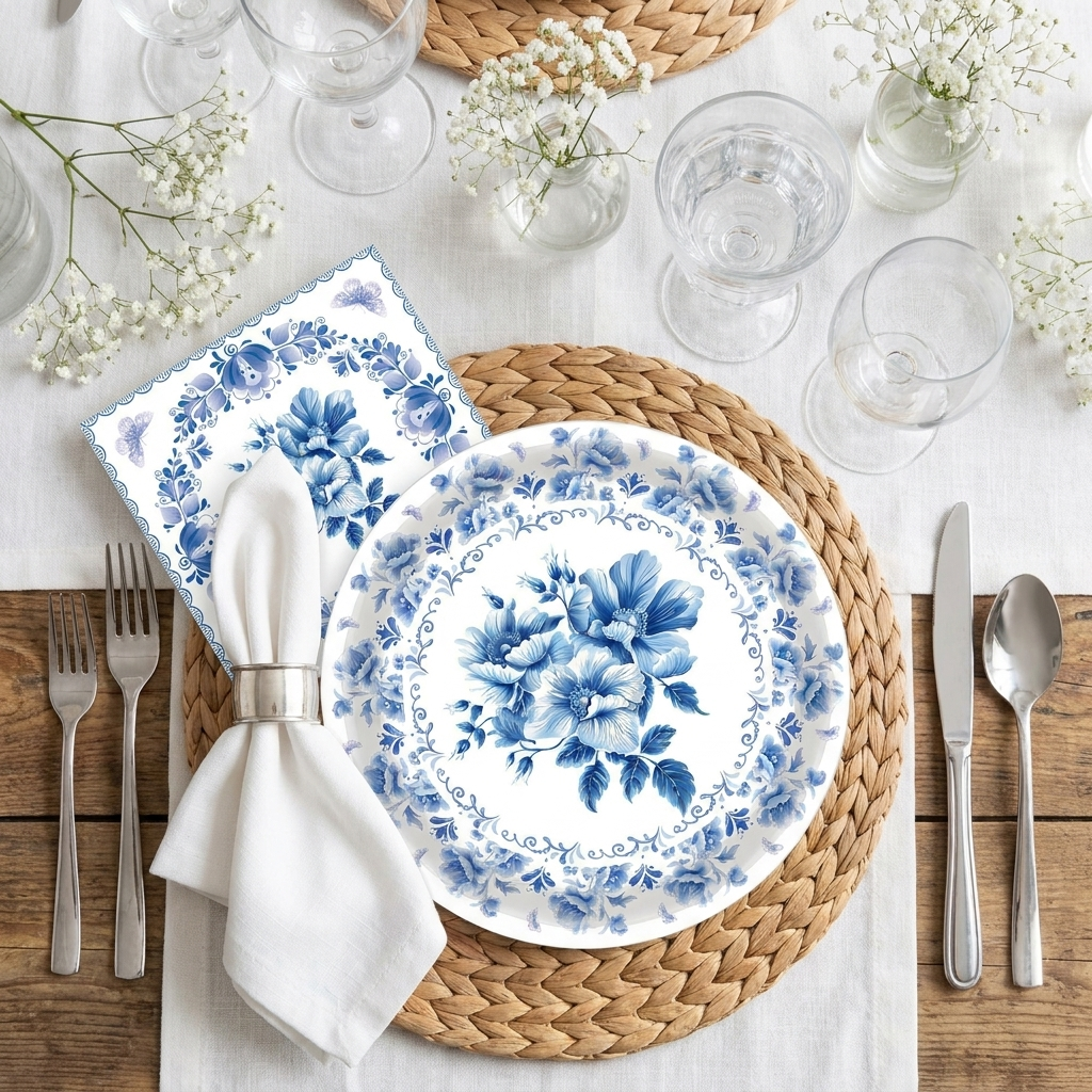 Blue and white floral porcelain-inspired party plates and napkins in elegant table setting