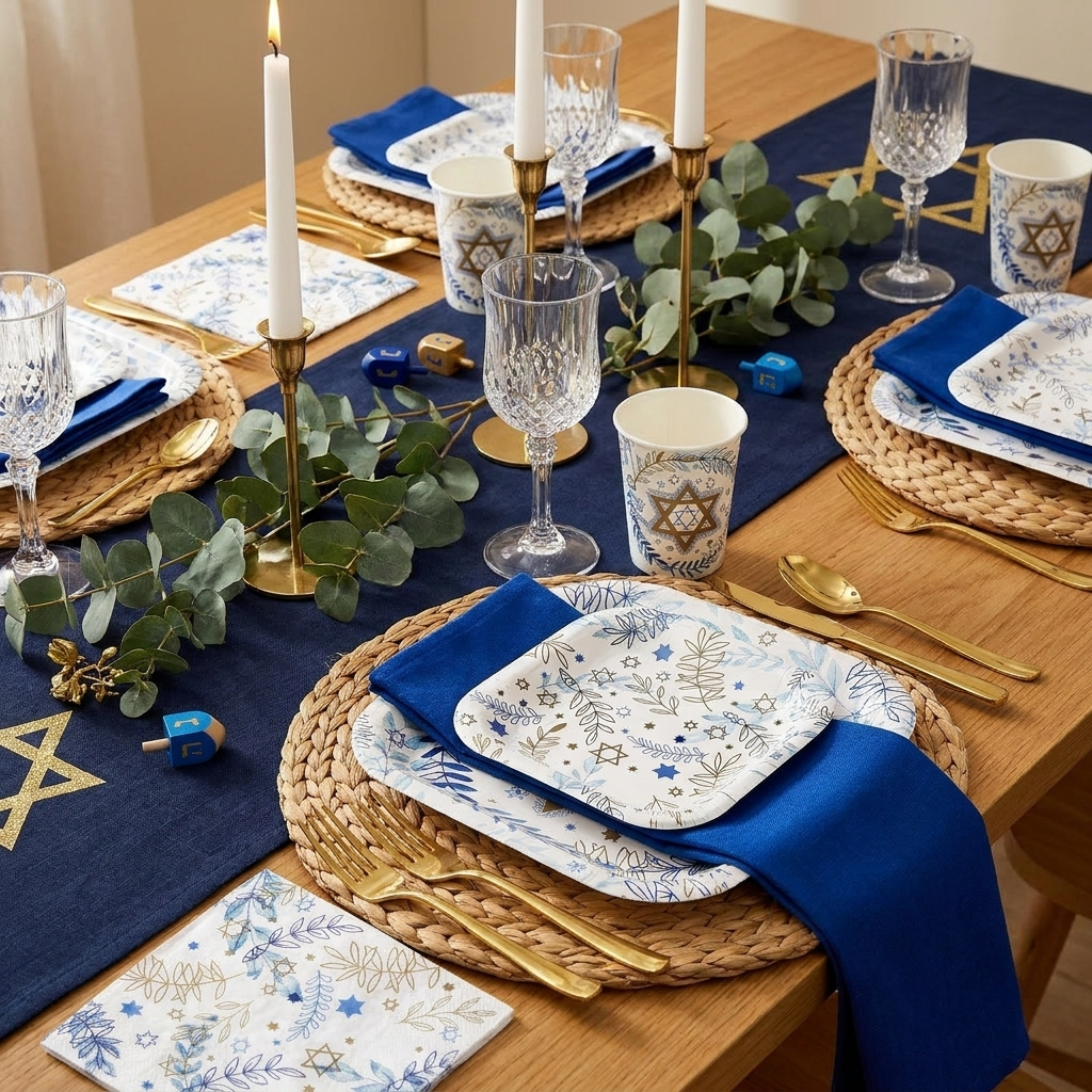 Hanukkah holiday table setting with blue gold and white disposable plates cups napkins and candles