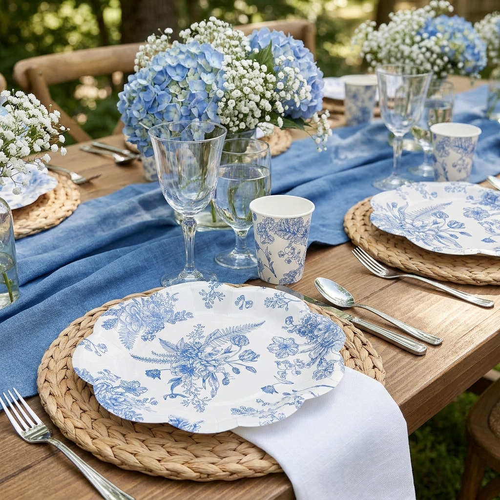 Blue and white floral garden party table setting with disposable plates cups napkins and silver cutlery