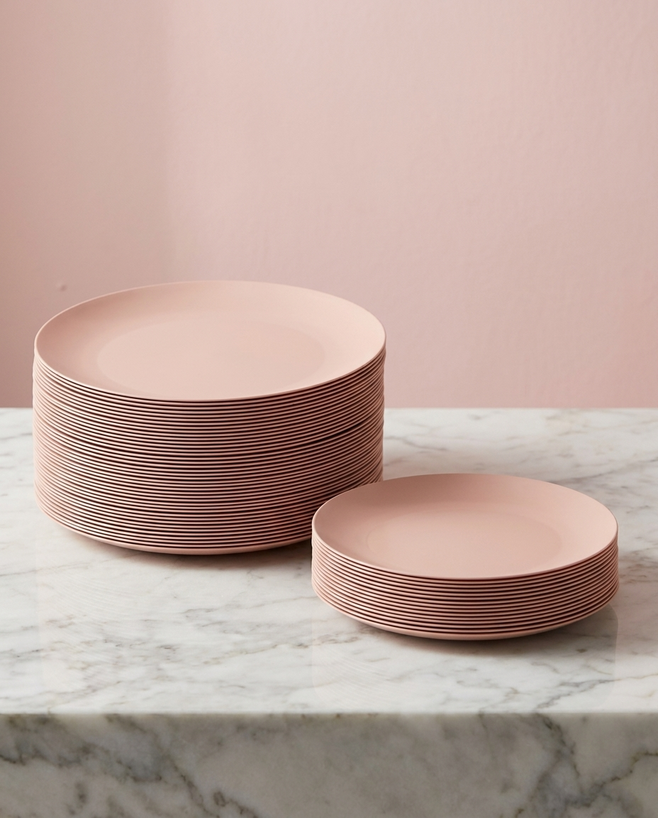 Full set of blush disposable dinnerware plates stacked on marble with soft pink backdrop