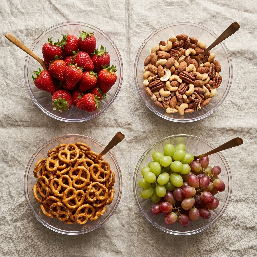 Overhead flat-lay of clear serving bowls arranged on linen tablecloth, each filled with a different colorful snack