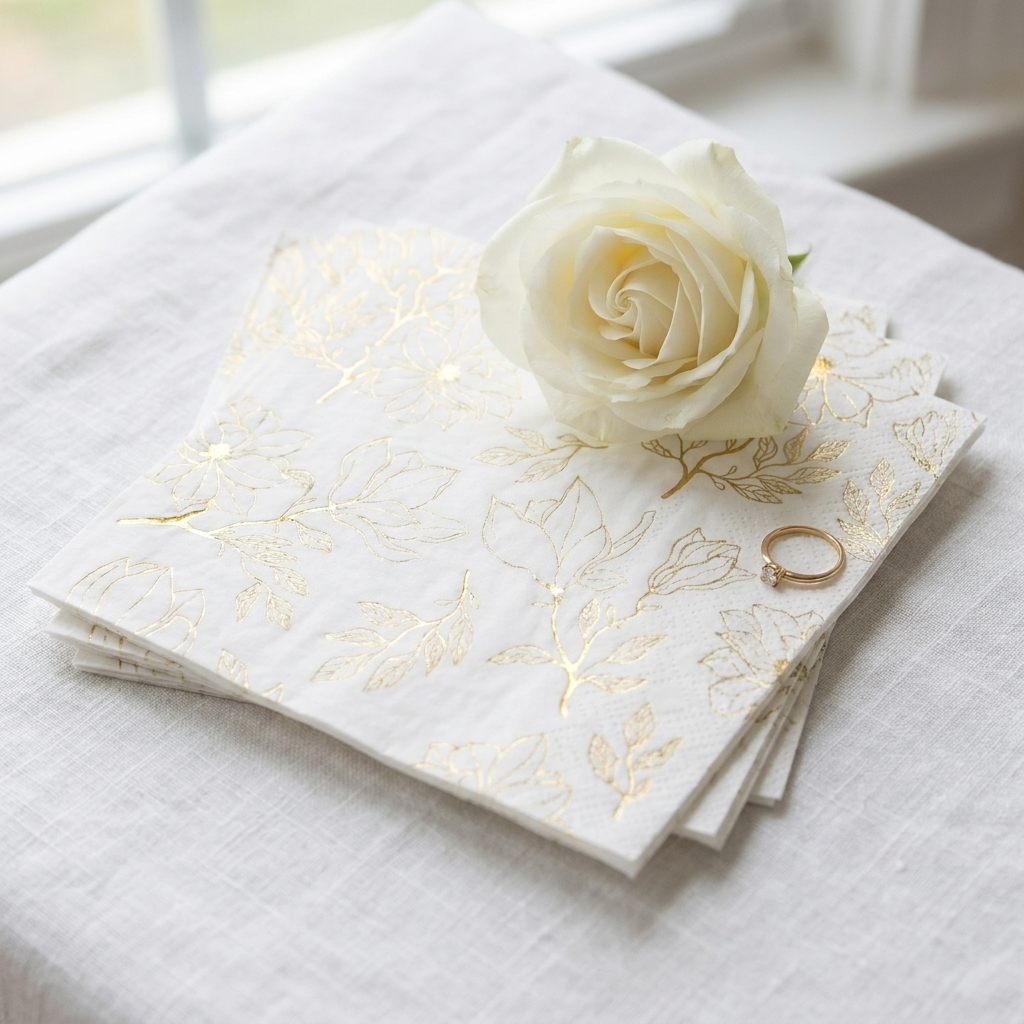 Close-up of gold and white floral cocktail napkins fanned out on linen surface