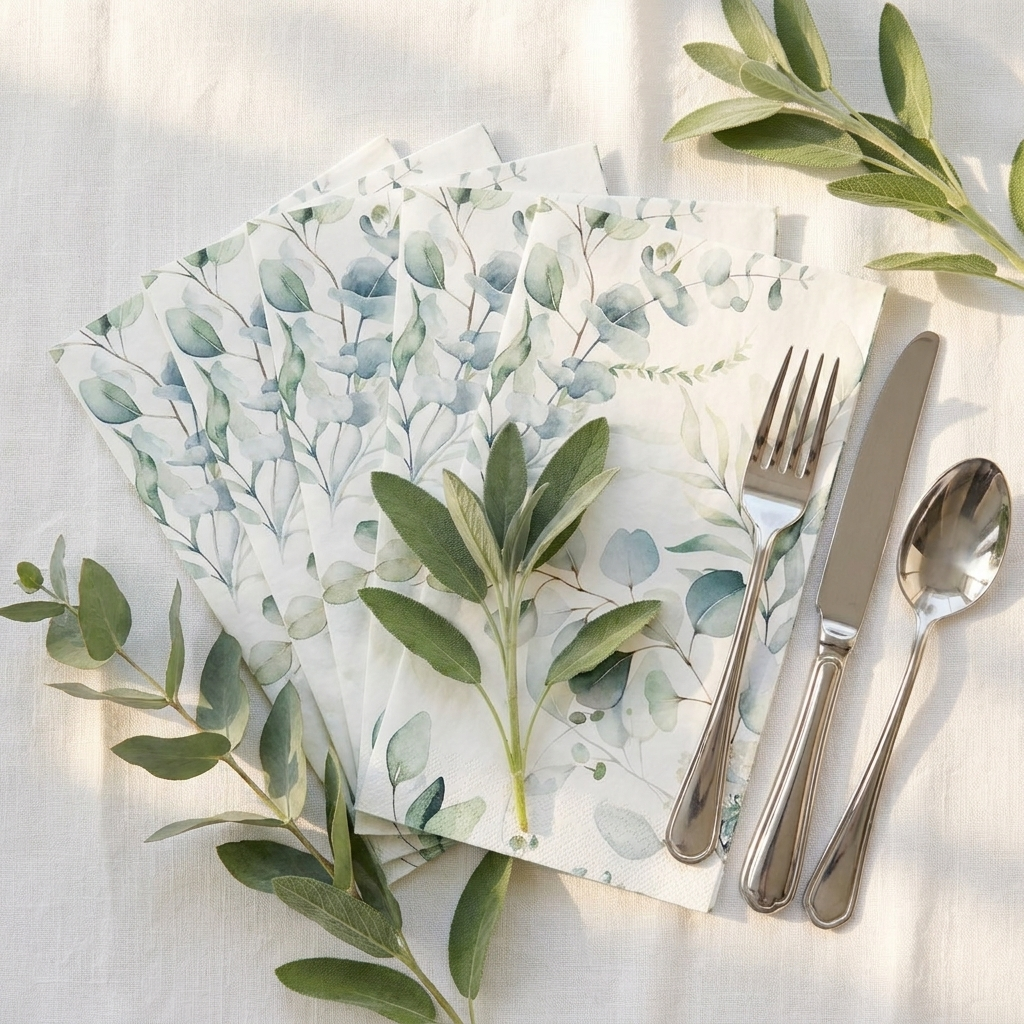Sage eucalyptus napkins fanned with fresh eucalyptus sprigs and silver cutlery on white linen