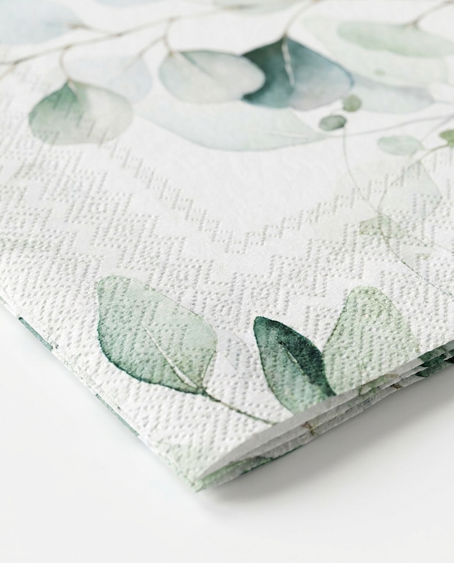 Close-up of sage eucalyptus paper napkin showing 2-ply texture and botanical print detail