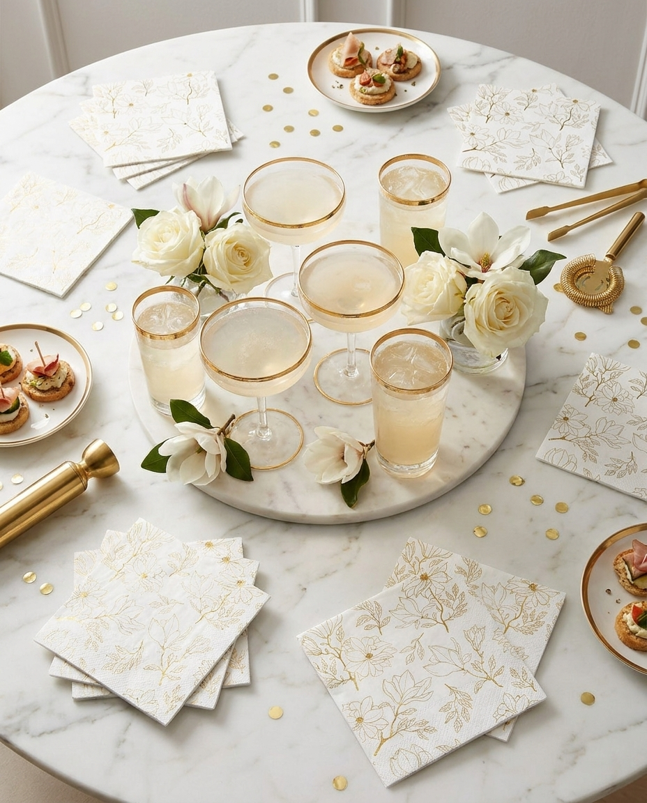 Overhead flat-lay of gold floral napkins with glassware and white flowers
