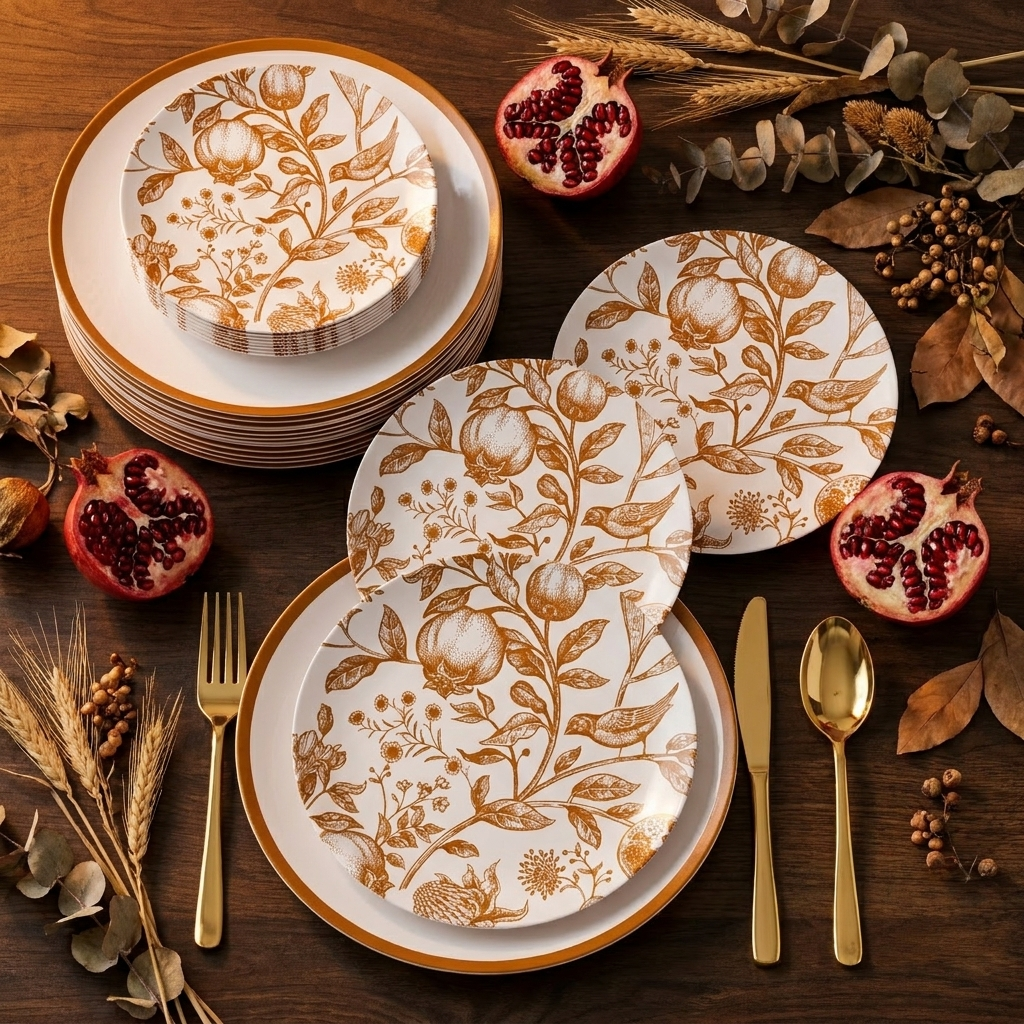 Pomegranate-print disposable plates fanned with gold cutlery and fresh pomegranate halves on dark wood
