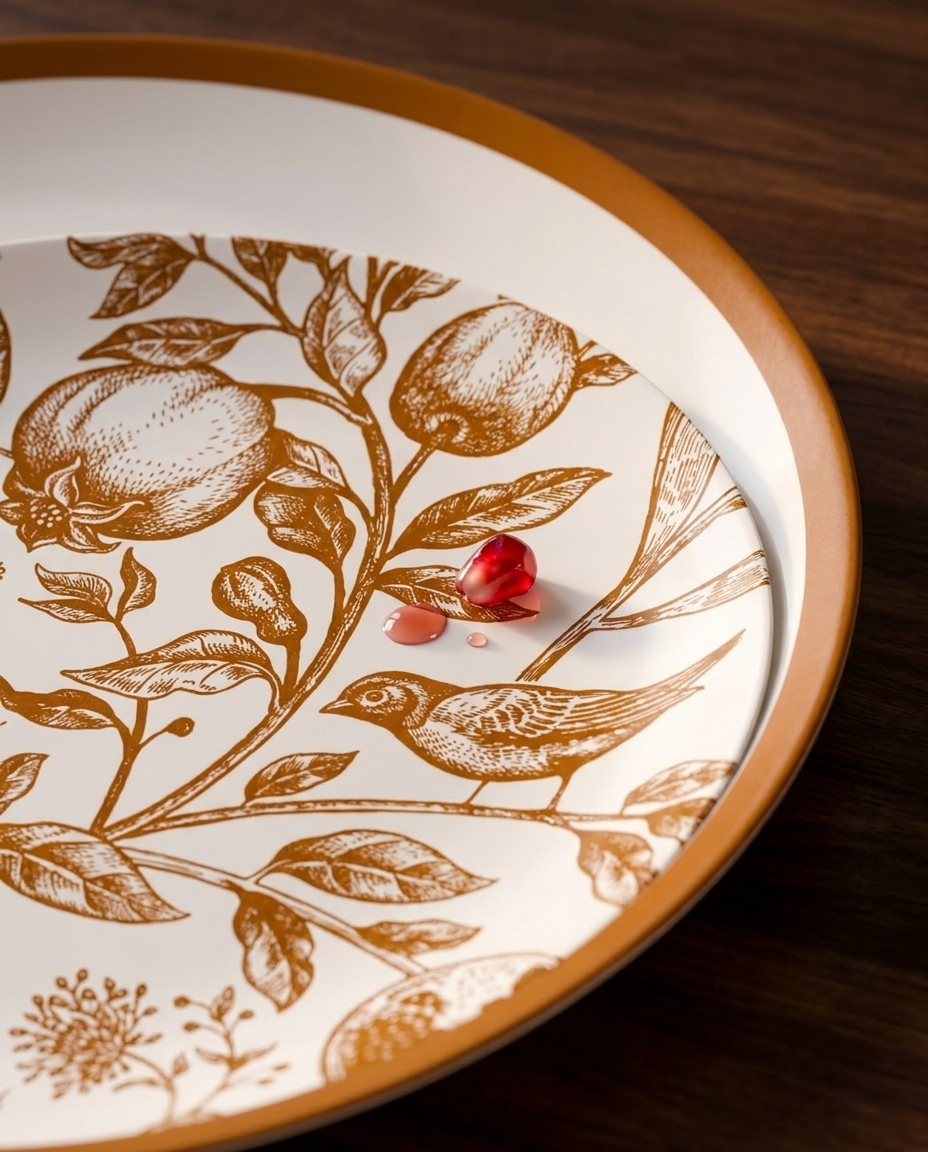 Close-up of pomegranate-print disposable plate showing elegant print and quality rim detail
