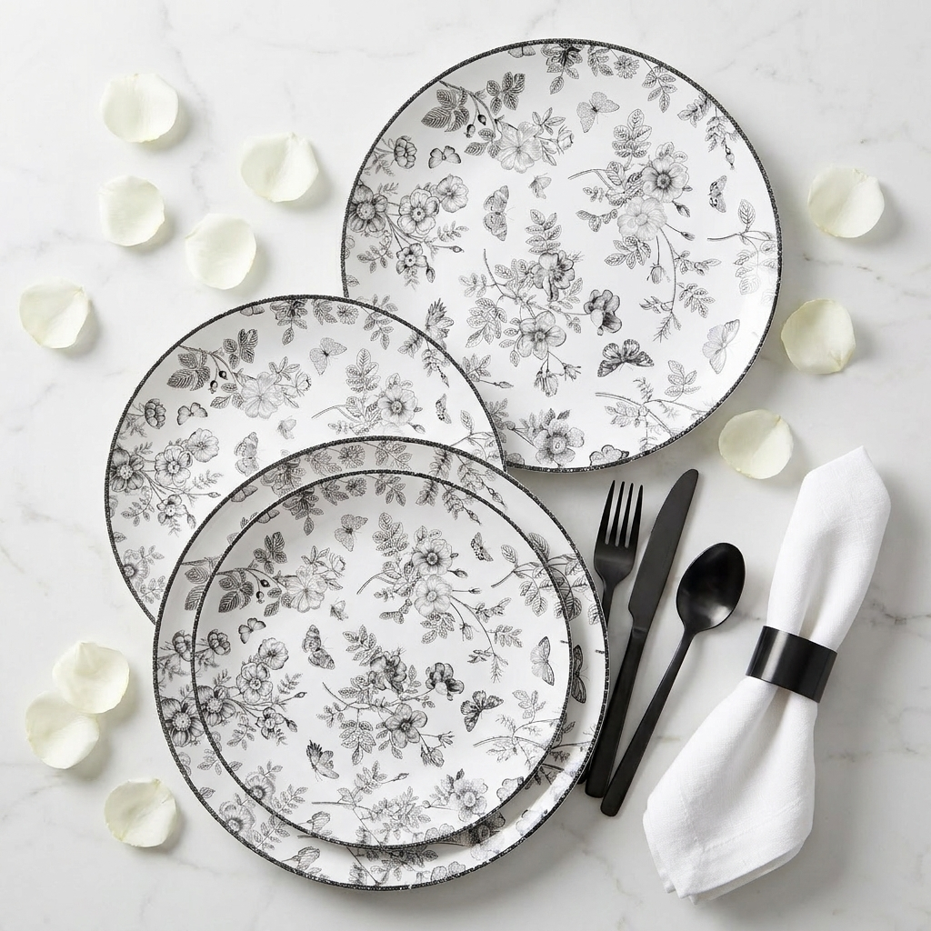 Black and white disposable plates fanned on marble with matte black cutlery and white rose petals