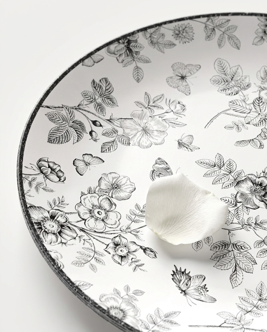 Close-up of black and white disposable plate showing crisp graphic print and quality rim