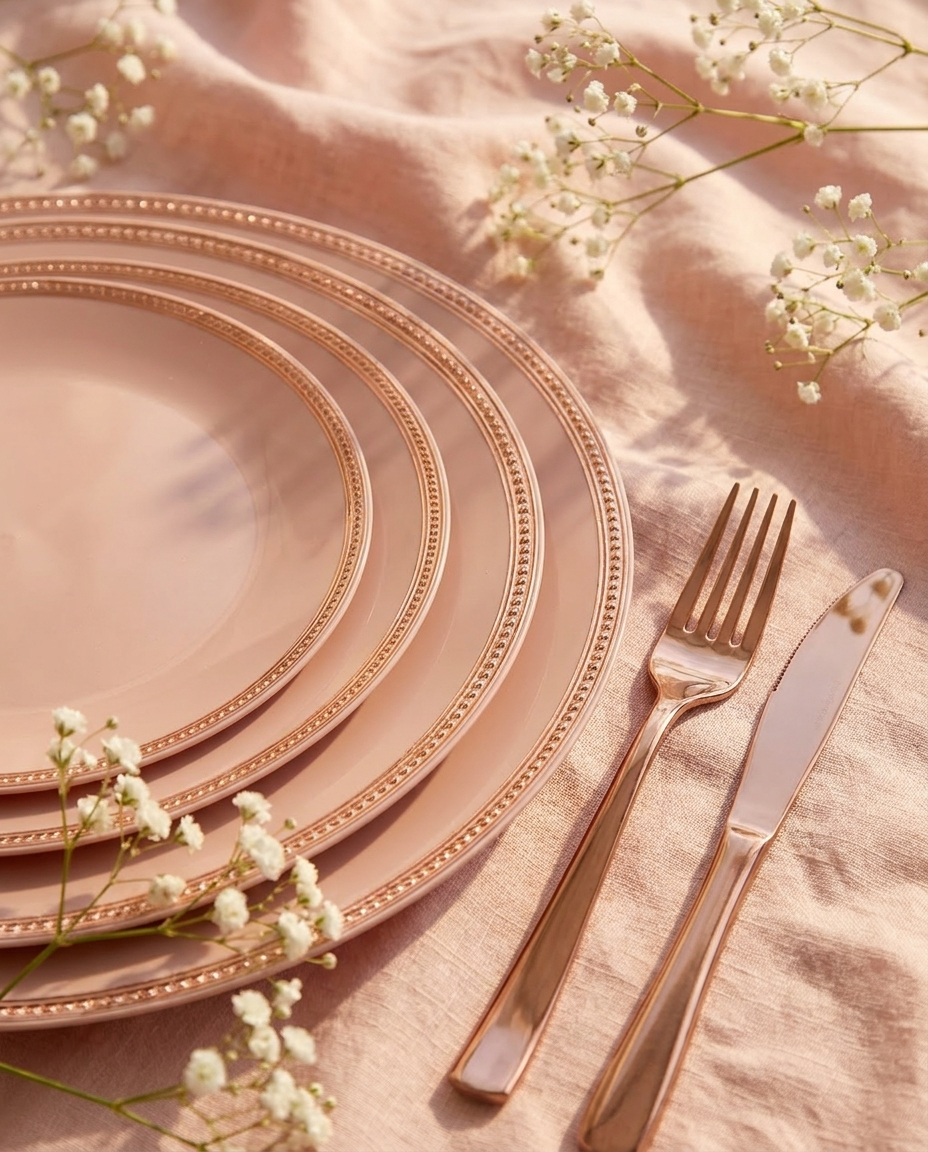 Close-up of blush pink disposable plates with rose gold cutlery and baby's breath florals on pink linen