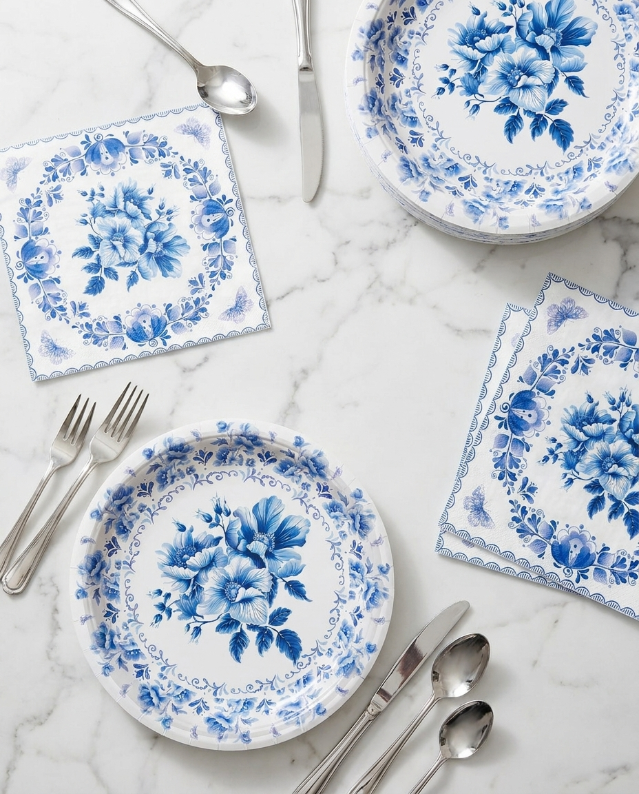 Overhead flat-lay of blue and white floral paper plates and napkins on marble surface