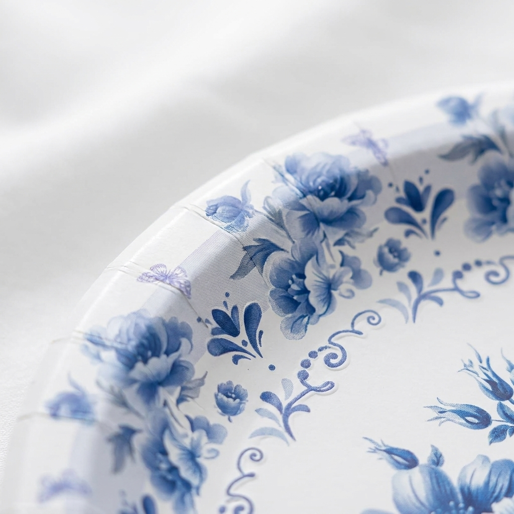 Close-up of blue and white floral disposable paper plate rim showing porcelain-inspired pattern