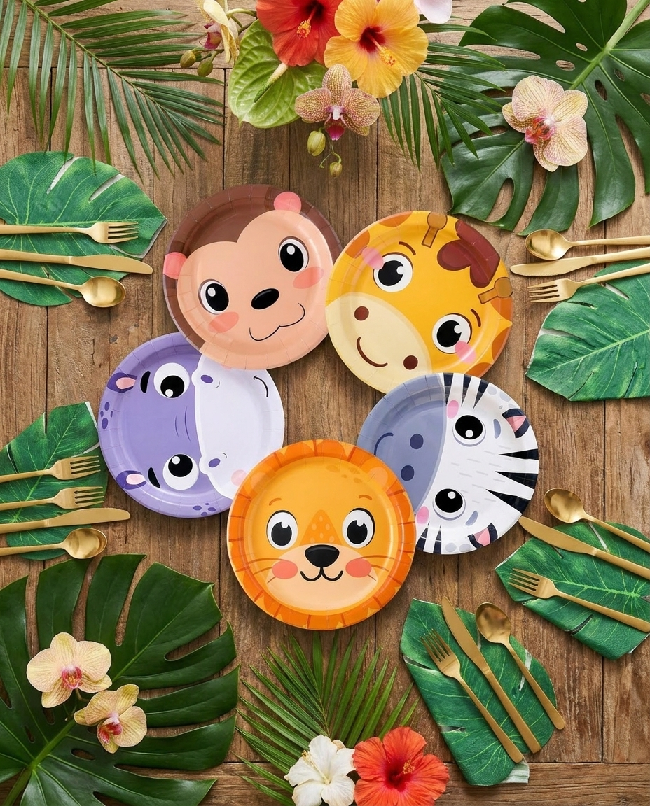 Jungle safari animal plates fanned out in flat-lay with tropical florals and gold cutlery