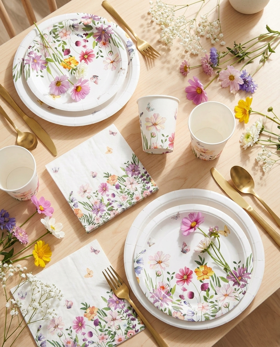 Overhead flat-lay of spring floral party plates napkins and cups with wildflowers