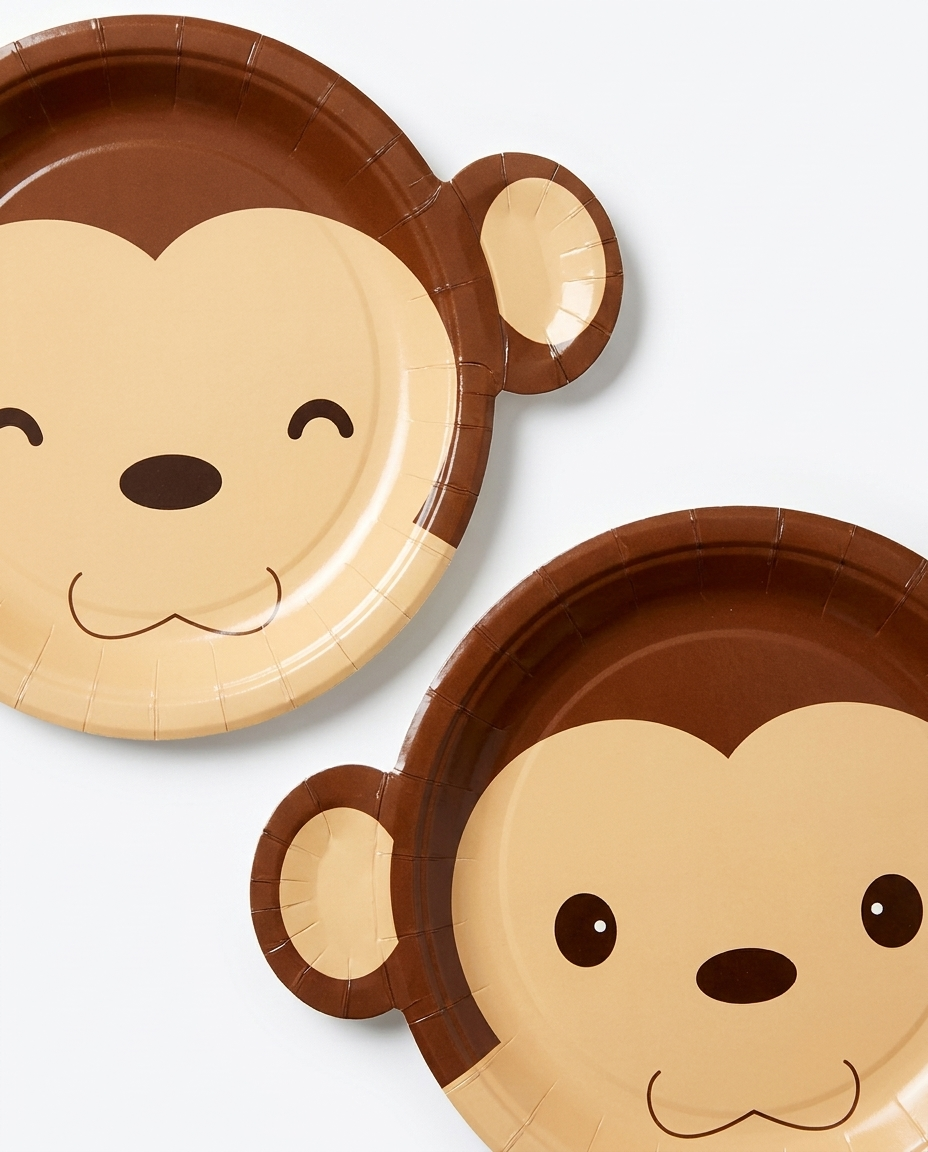 Monkey Zoo party plates close-up showing two cute cartoon monkey designs