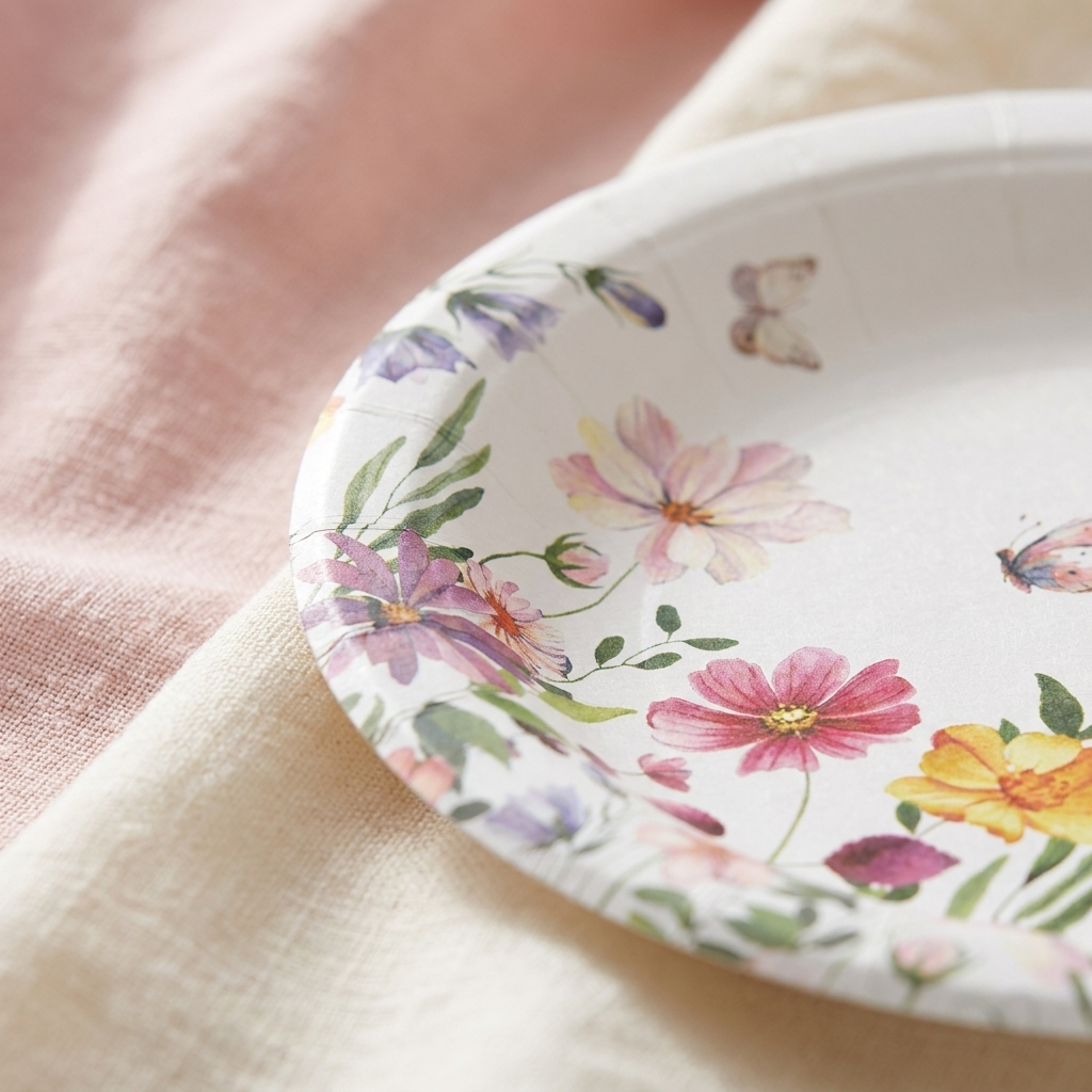 Close-up of spring floral paper plate rim showing butterfly and flower pattern