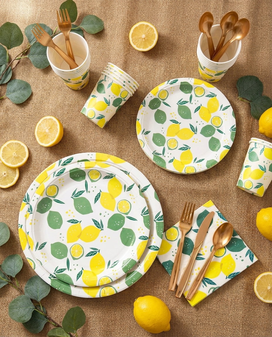 Overhead flat-lay of lemon yellow party tableware with fresh lemons and gold cutlery
