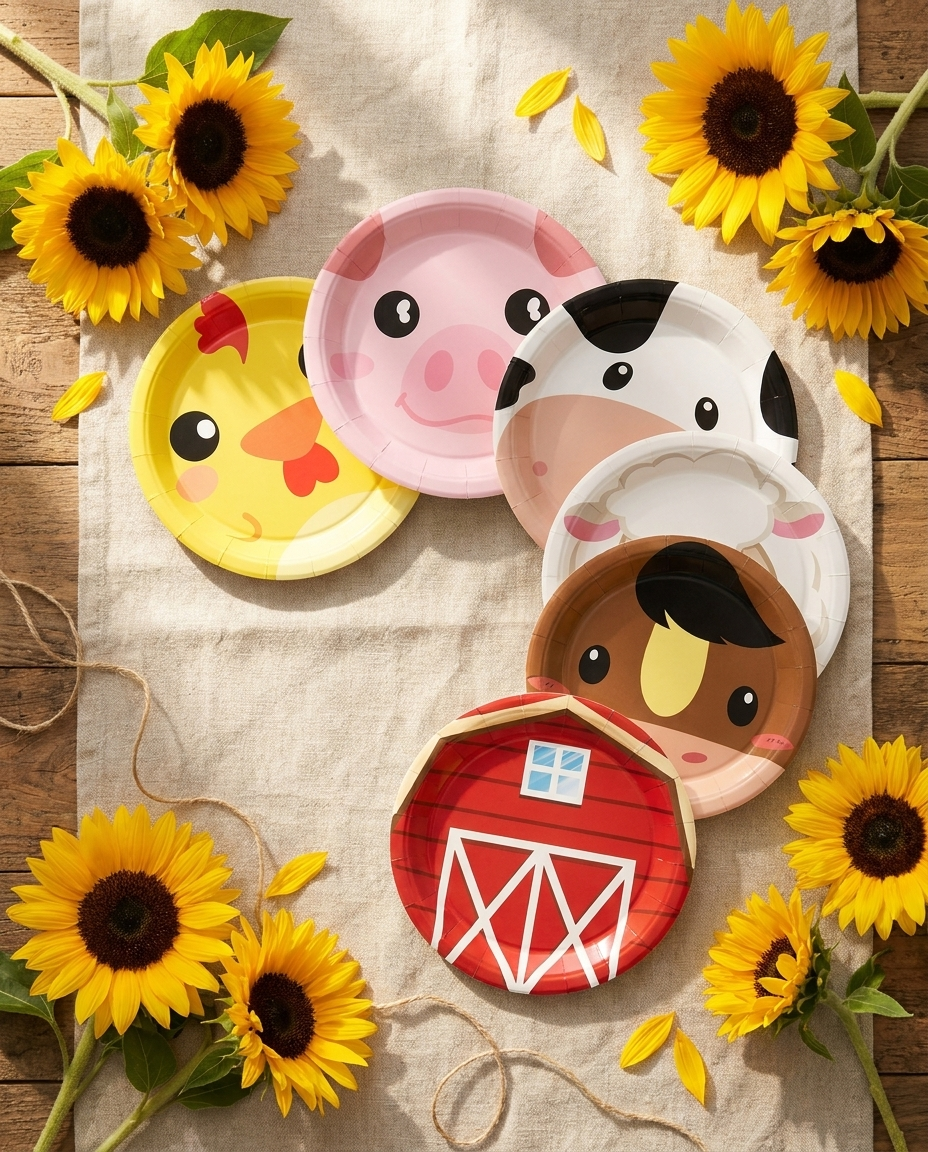 Farm Fete 60-pc plates fanned out showing six farm animal designs with sunflowers