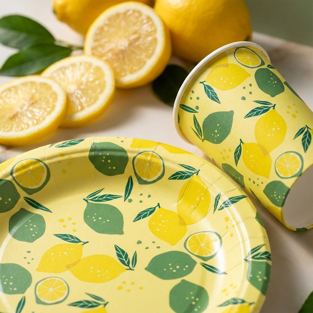 Close-up of lemon yellow paper plate showing citrus print pattern detail