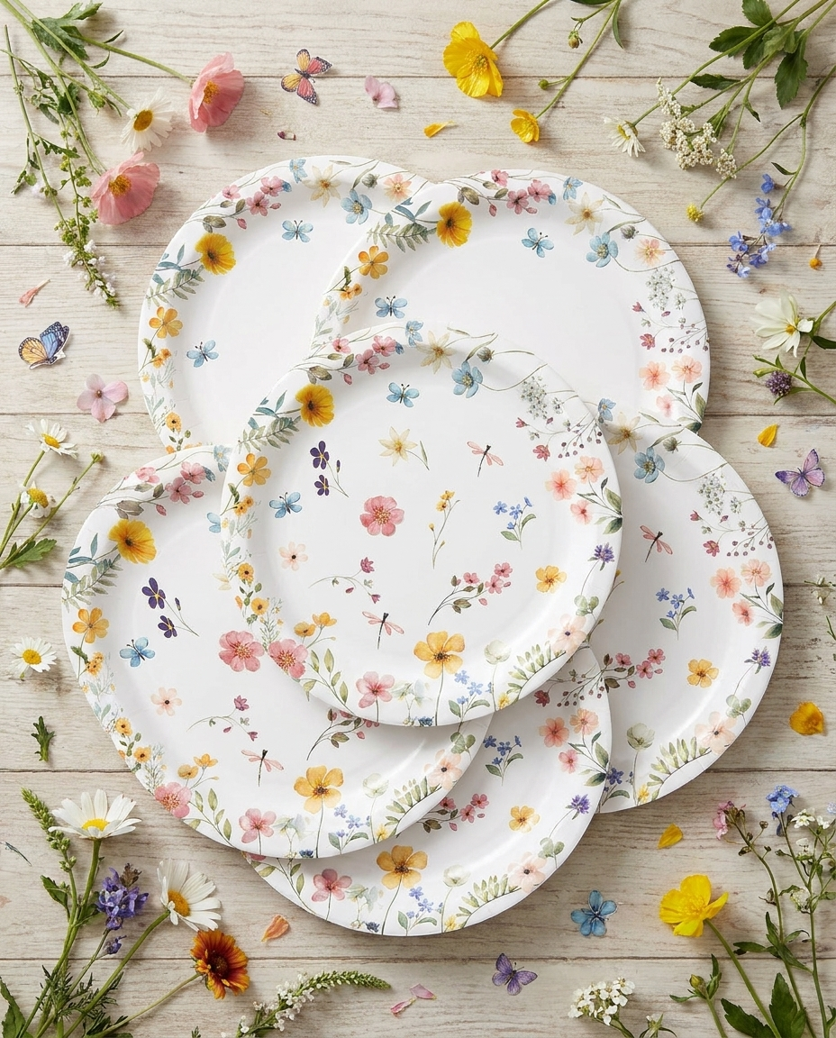 Wildflower spring floral plates fanned out flat-lay with wildflowers scattered around