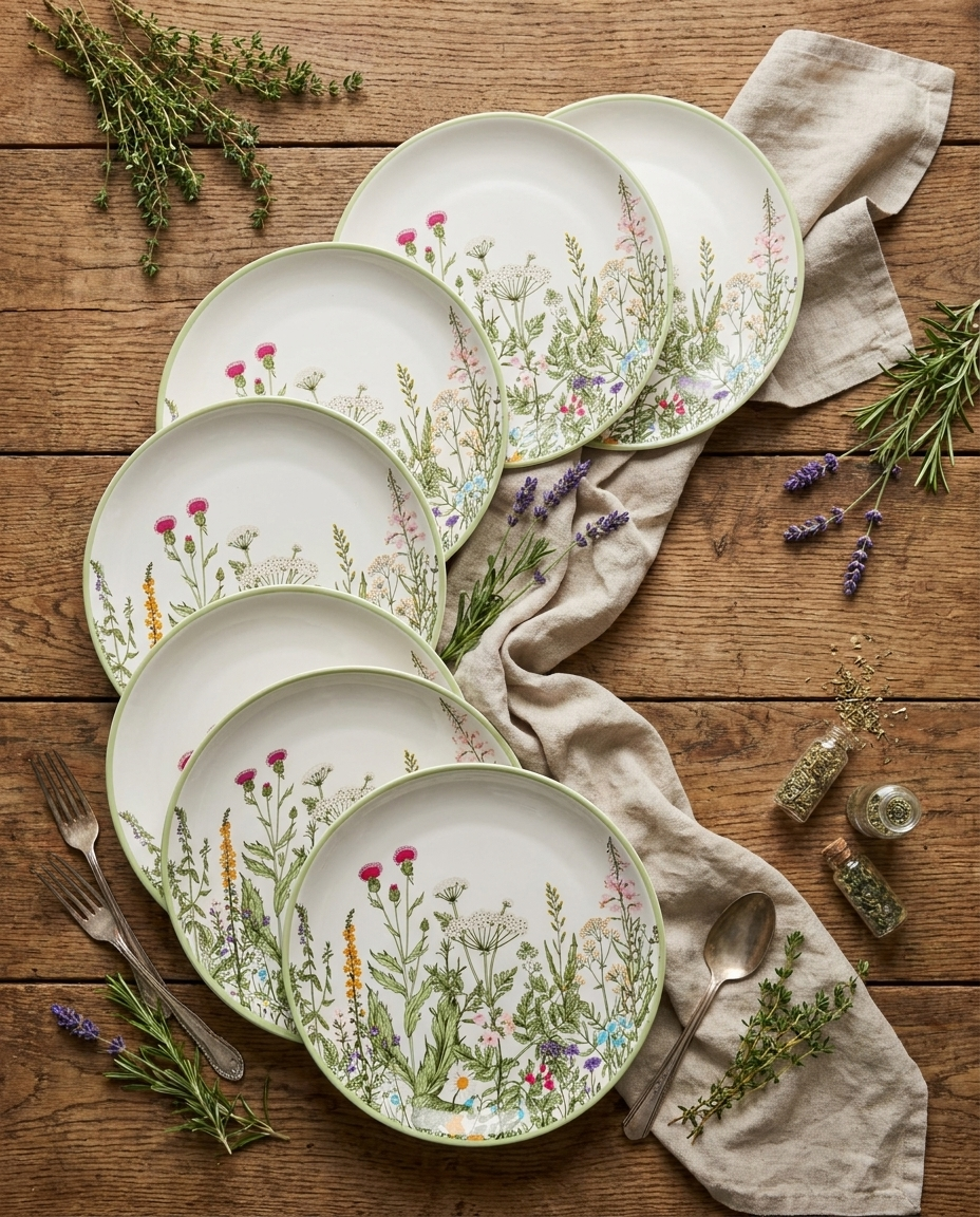 Botanical green leaf plates fanned out flat-lay with herb sprigs and linen napkin