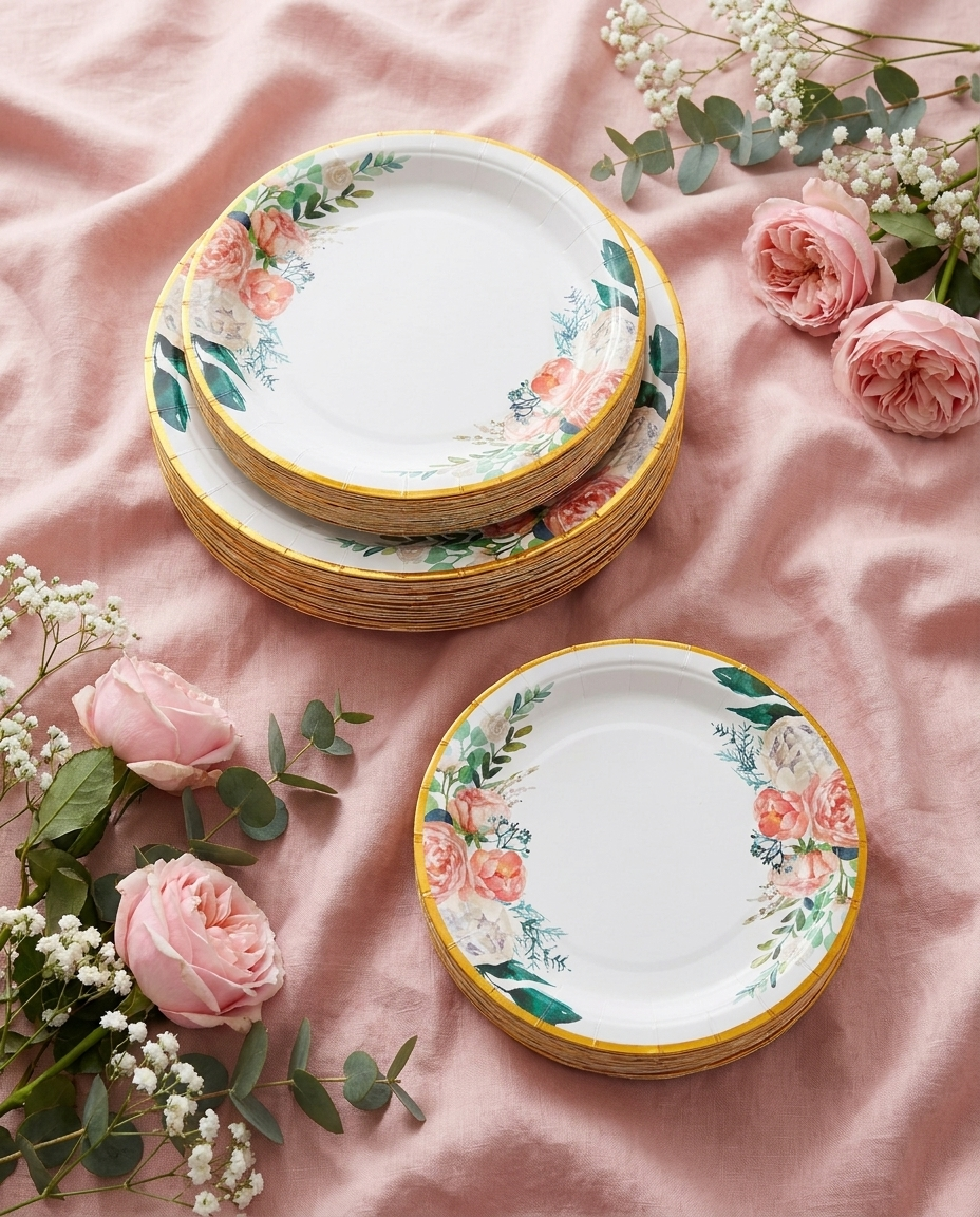 Round floral paper plates stacked in two sizes with pink roses on soft linen
