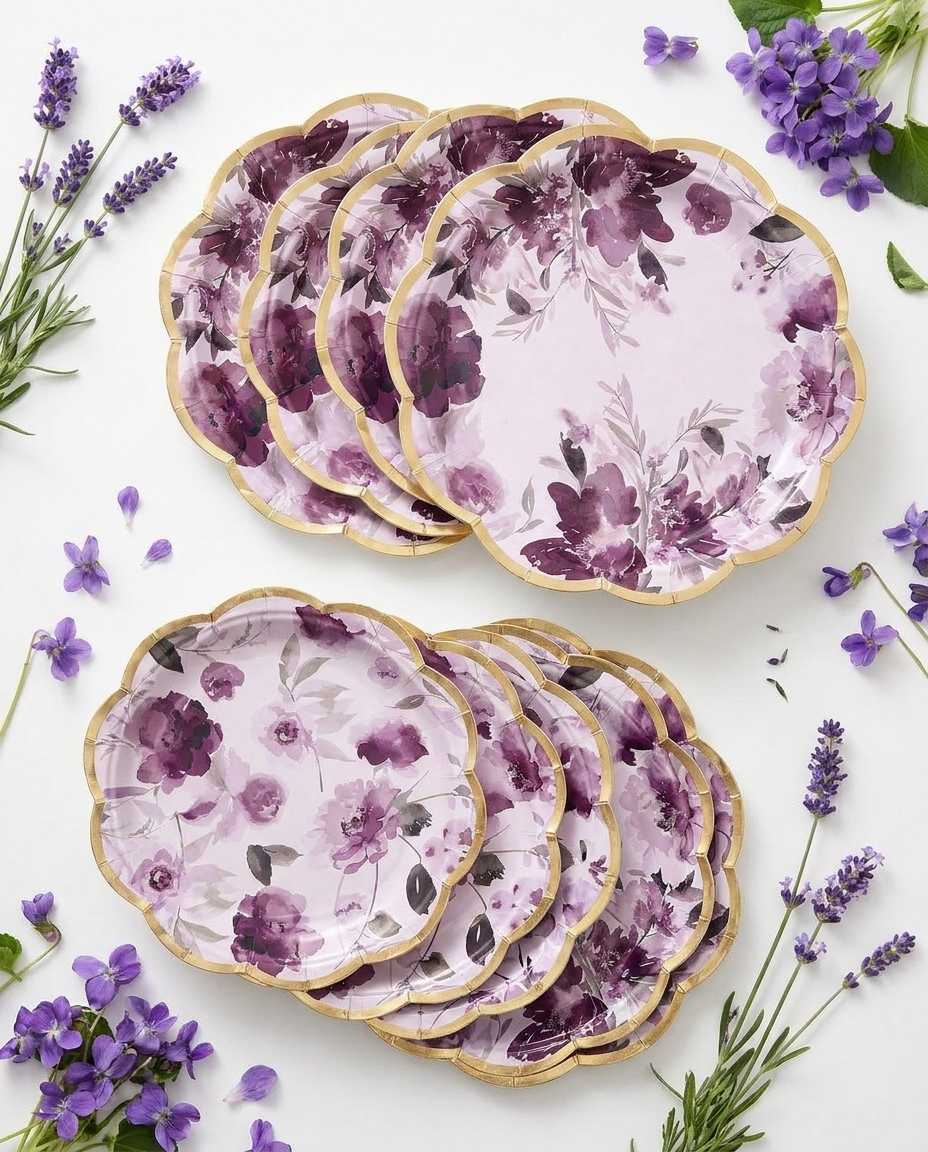 Purple floral plates in two sizes fanned out with lavender and violet flowers