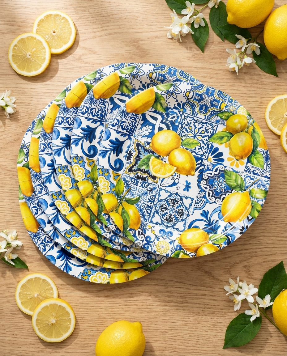 Lemon tile summer plates fanned out flat-lay with fresh lemon slices and white flowers