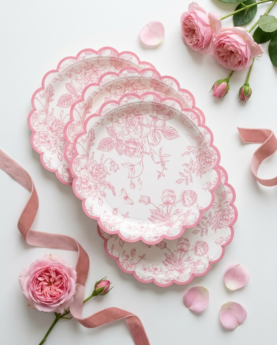 Pink flower disposable plates fanned out showing delicate floral pattern with rose decor