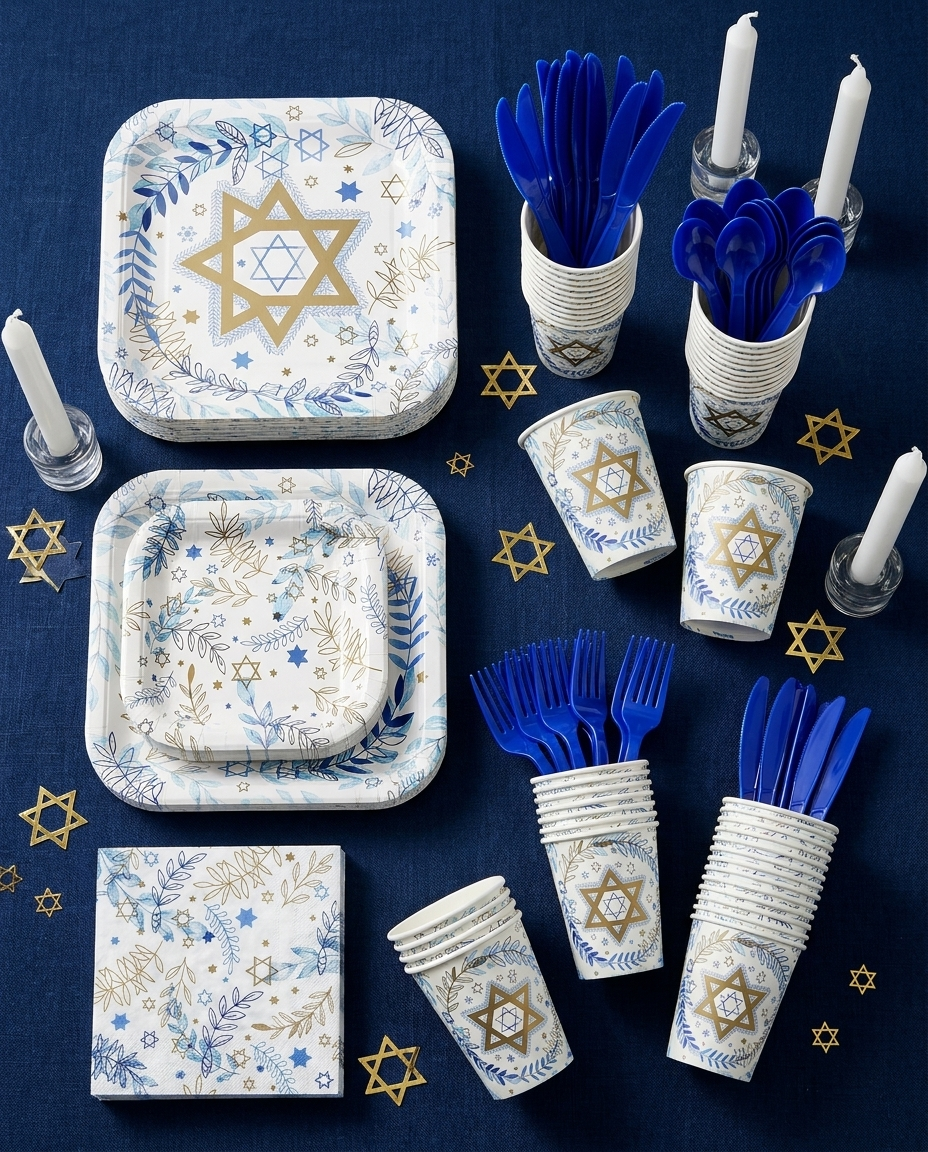 Overhead flat-lay of Hanukkah party tableware with blue and gold plates and Star of David accents