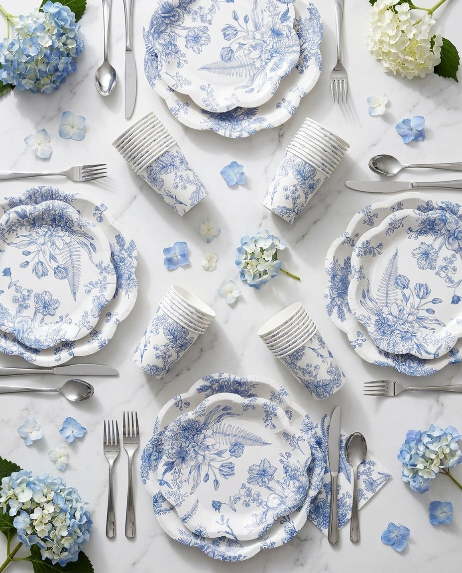 Overhead flat-lay of blue and white floral party plates cups and napkins with hydrangea petals