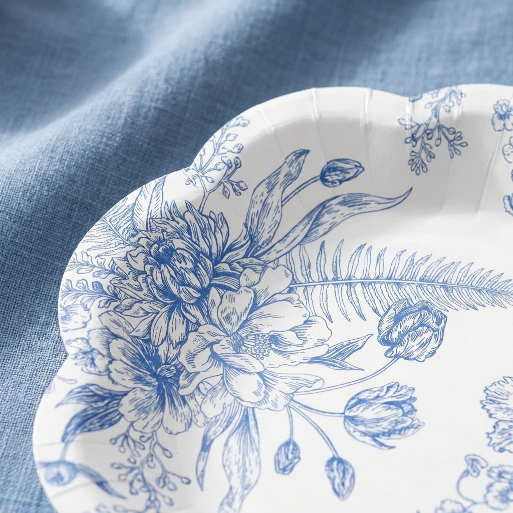 Close-up of blue and white floral paper plate rim showing delicate garden pattern