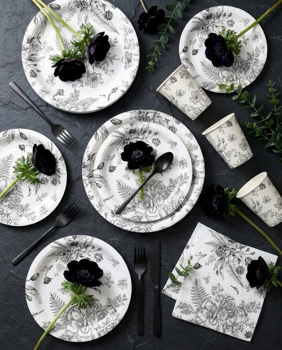 Overhead flat-lay of black and white floral vintage party tableware on dark slate surface