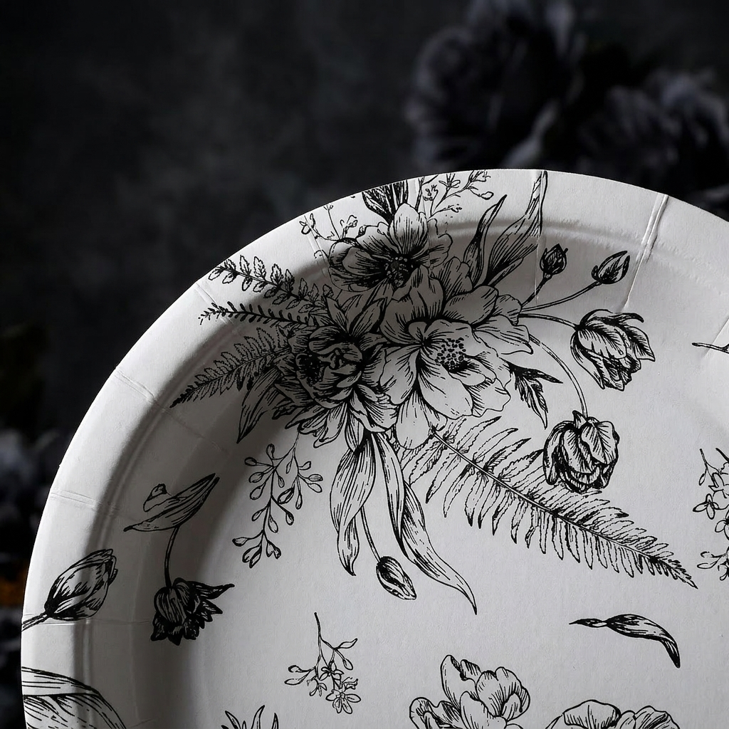 Close-up of black and white floral paper plate rim showing elegant vintage pattern