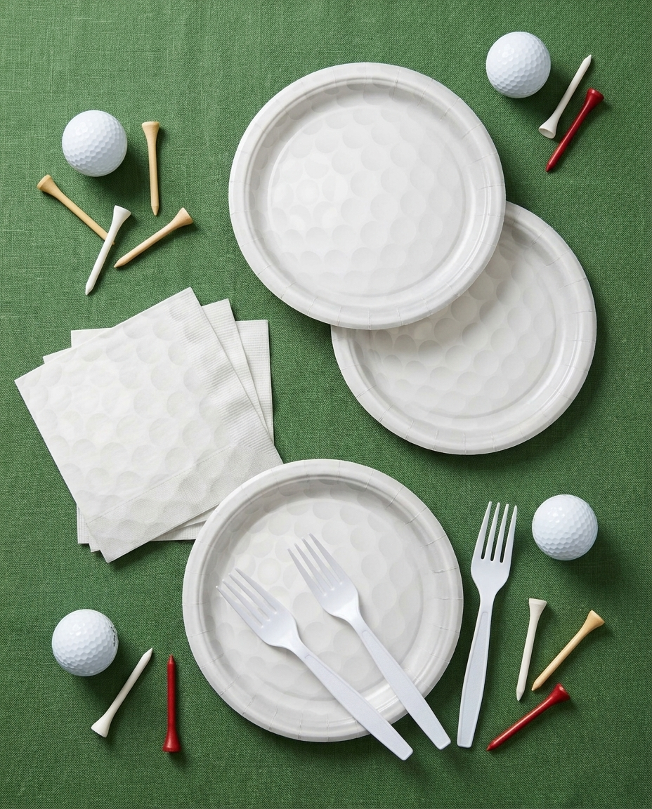 Overhead flat-lay of golf-themed disposable party plates and napkins with golf ball and tee props