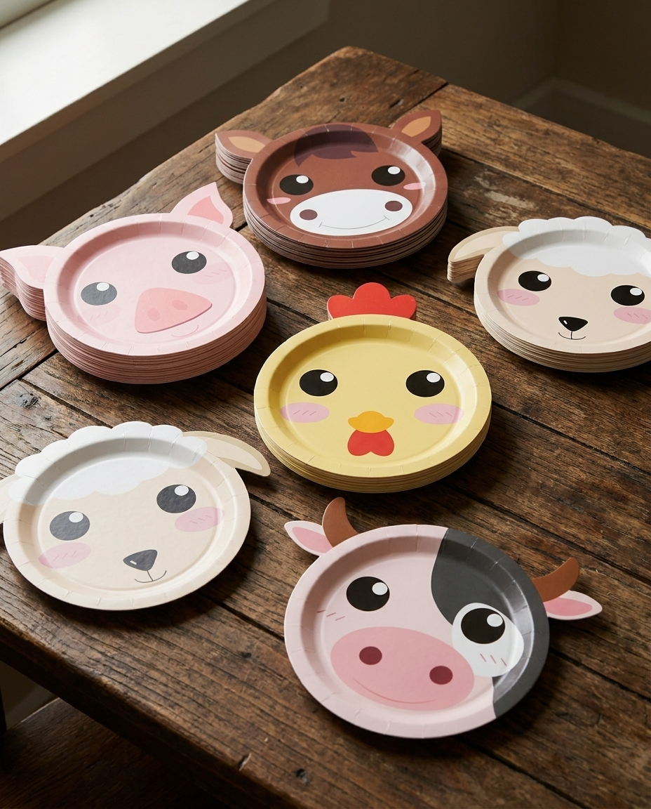 Farm animal shaped plates in pig donkey sheep chicken cow shapes flat-lay on rustic wood surface