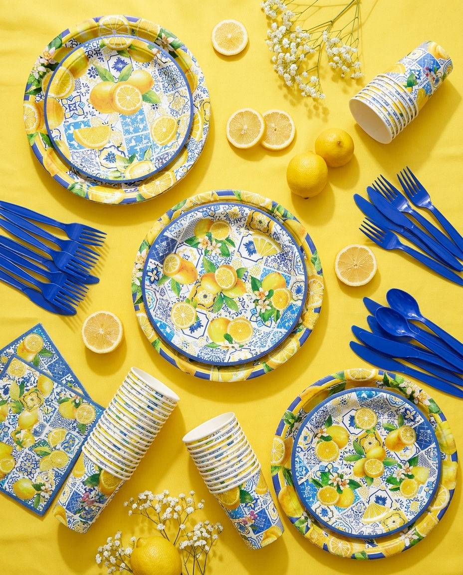 Overhead flat-lay of yellow lemon party tableware with lemon slices and baby's breath florals