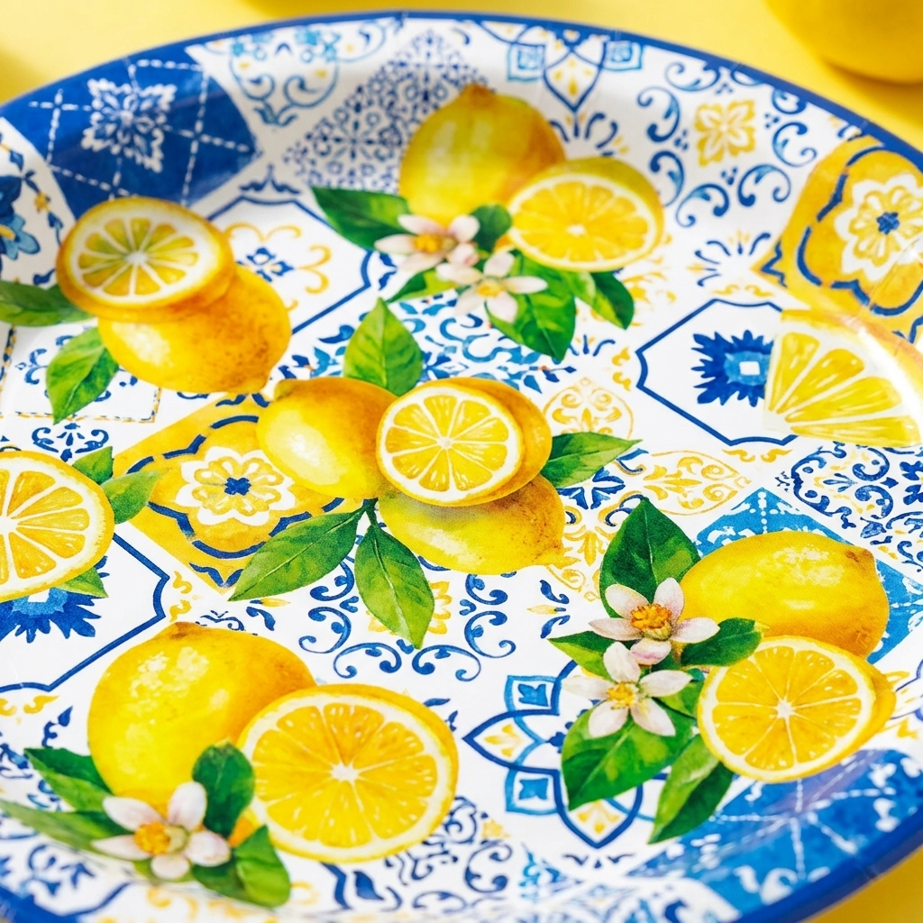 Close-up of yellow lemon party plate showing bright citrus lemon print pattern