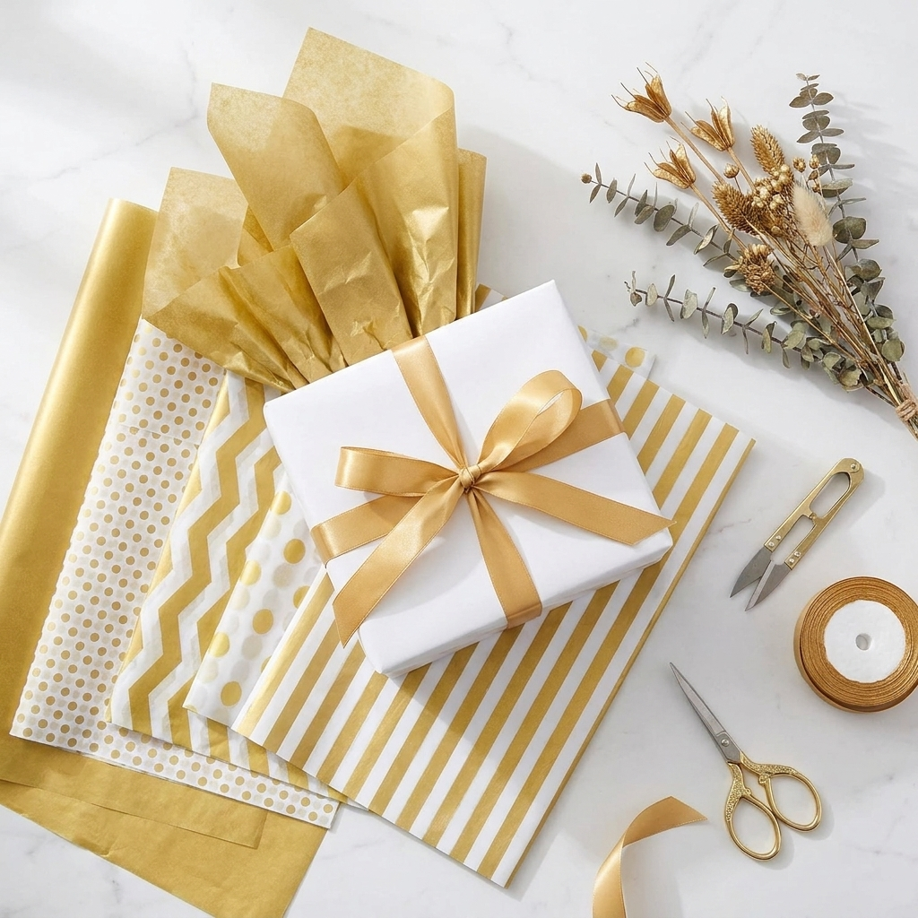 GoldLuxe premium gold tissue paper flat-lay showing 5 designs fanned around a wrapped gift box with gold ribbon and florals
