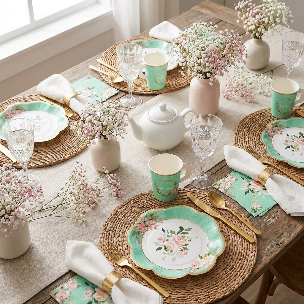 Floral tea party table setting for 25 — overhead flat-lay with floral paper cups, plates, gold cutlery, linen napkins and flowers