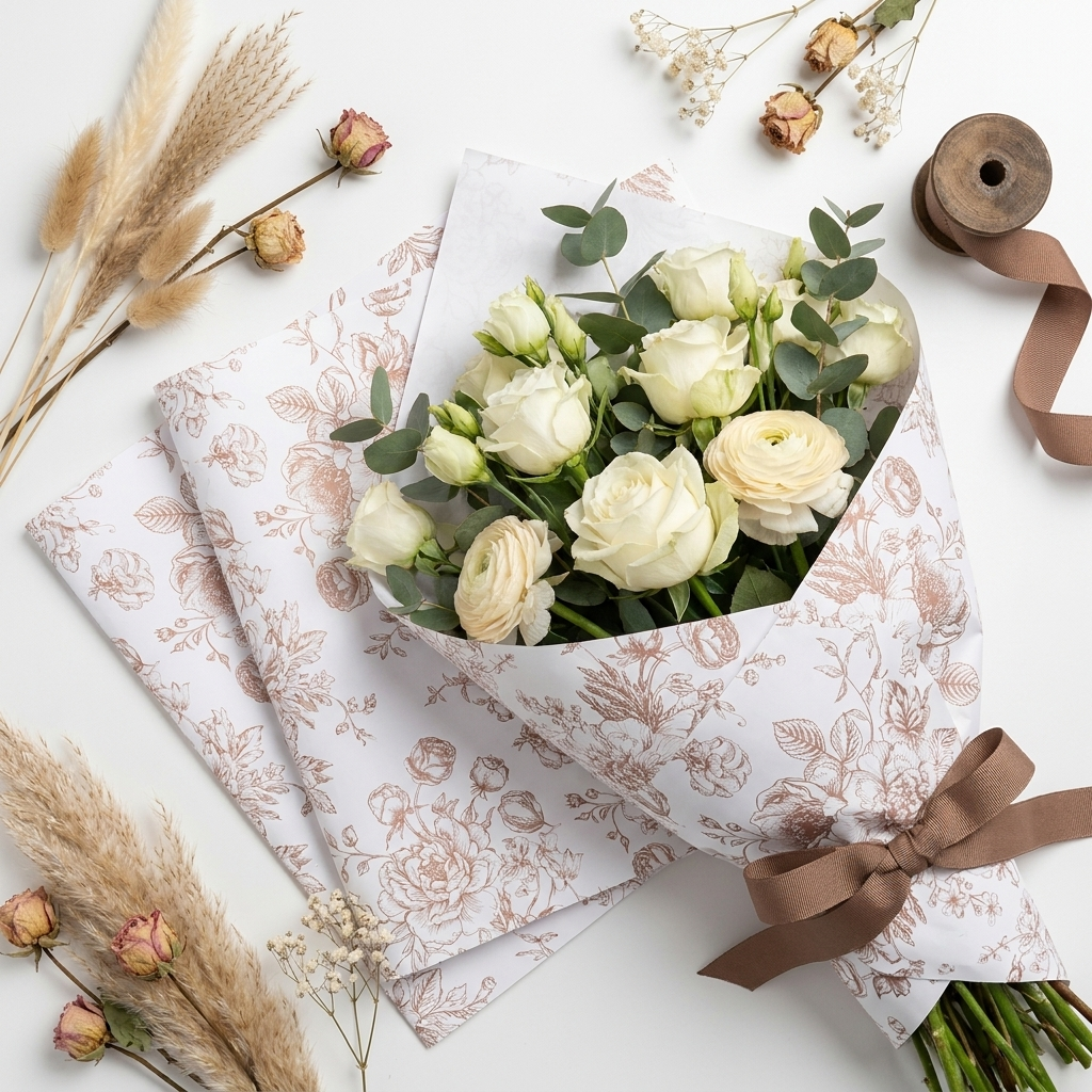 Floral Essence coffee vintage floral wrapping paper sheets fanned open with a wrapped flower bouquet, ribbon and dried botanicals on white surface