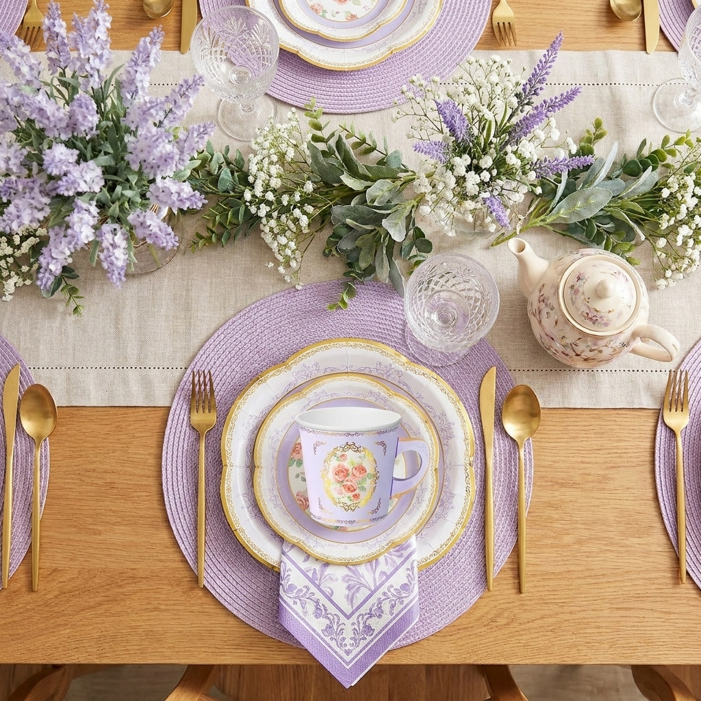 Purple floral tea party tablescape — overhead flat-lay with purple paper cups, plates, lavender flowers, gold cutlery and linen runner