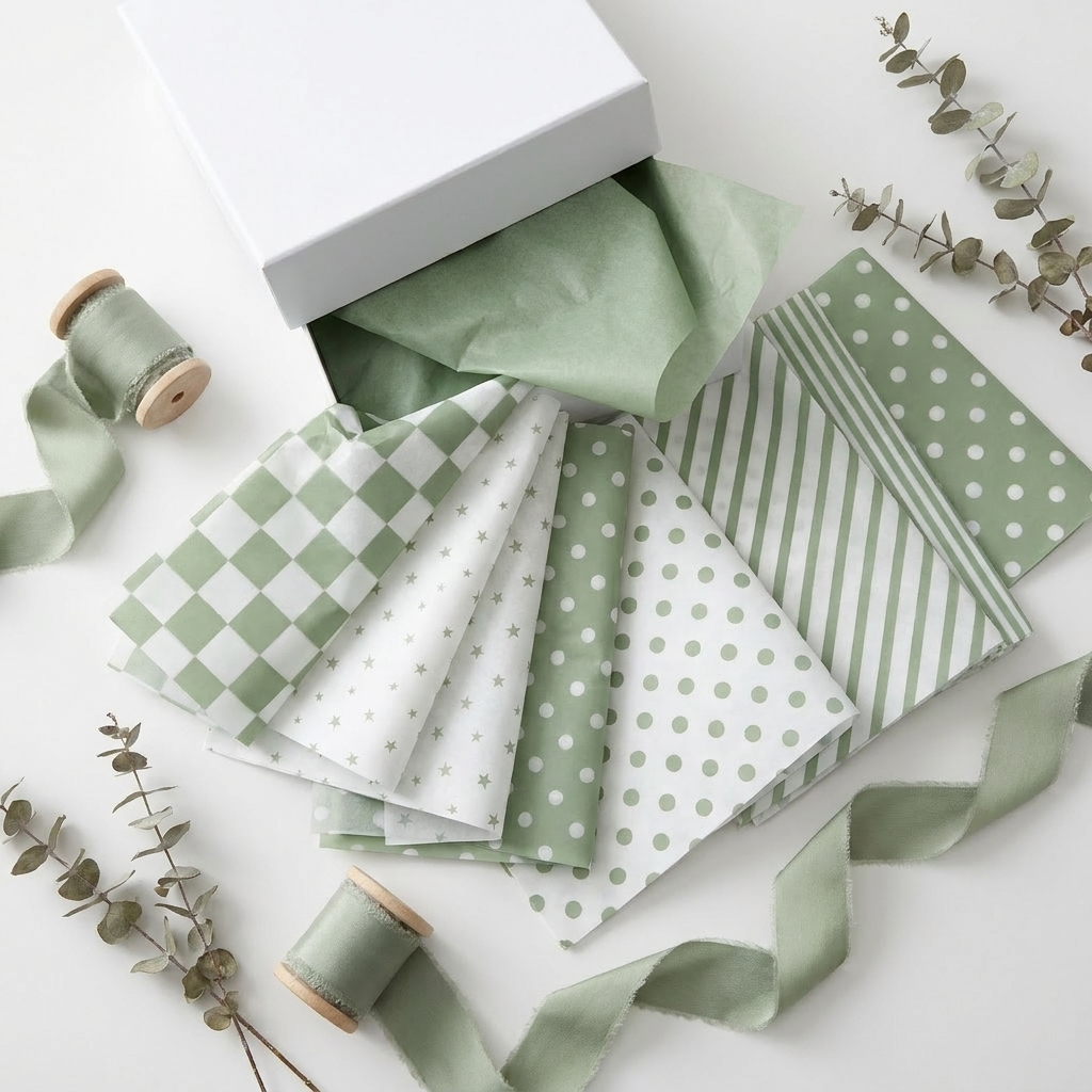 Meadow and Mist sage green tissue paper sheets fanned showing checkered, star, stripe and dot patterns around a wrapped gift box with eucalyptus