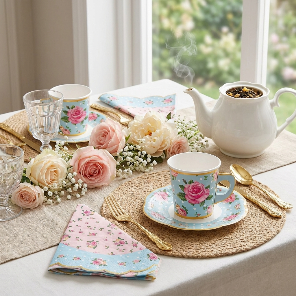 Floral paper tea cups with saucers — 45-degree styled tablescape with gold cutlery, spring florals, linen runner and ceramic teapot