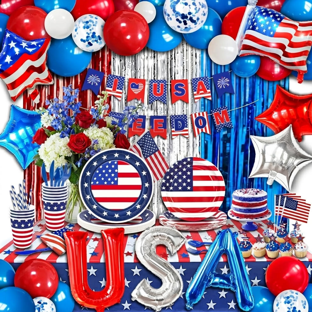 Patriotic 4th of July party table with red white blue tableware, USA balloons, flag accents — premium styled editorial tablescape