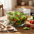 Elegant Japanese glass salad bowl filled with a vibrant fresh salad on a styled dining table