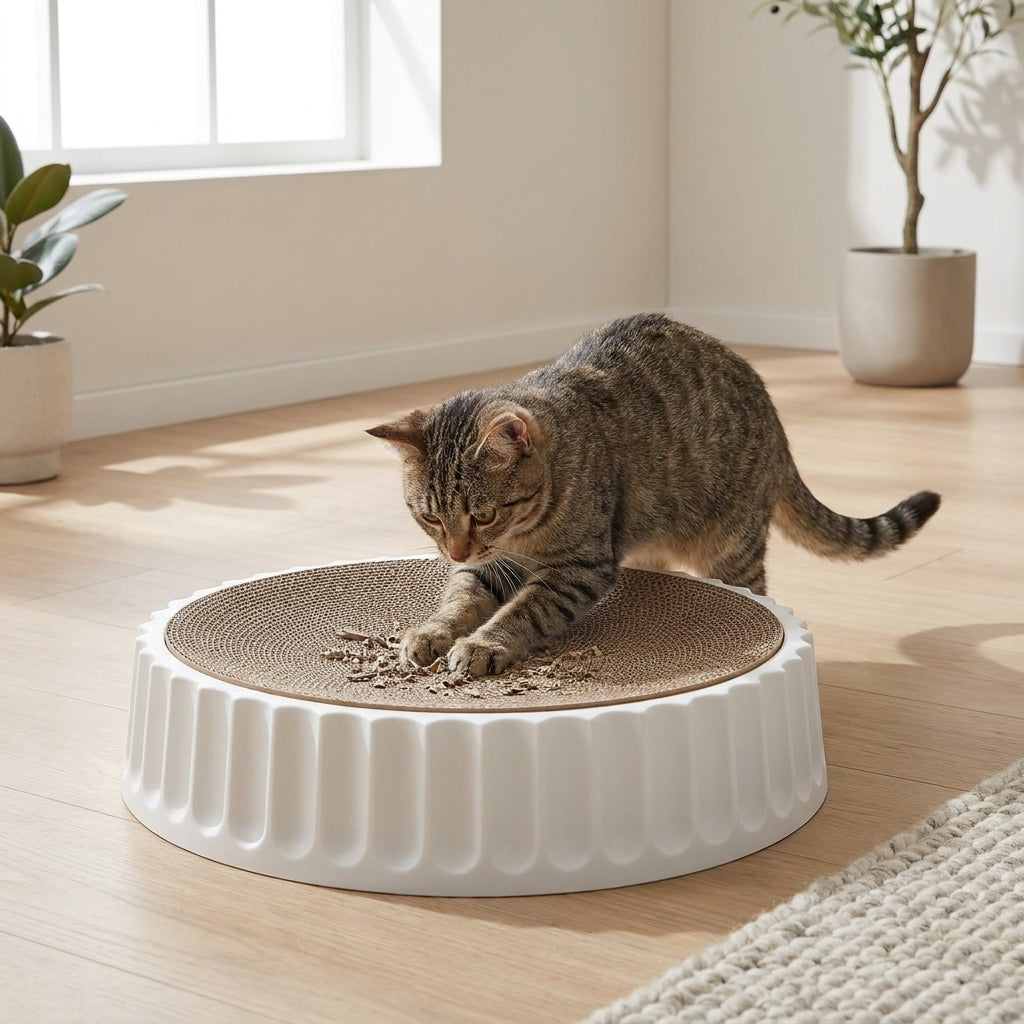 Tabby cat actively scratching and playing on circular cardboard cat scratcher play station in Scandinavian living room