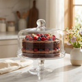 Glass cake stand with dome cover displaying a layered chocolate cake with berries on a marble counter