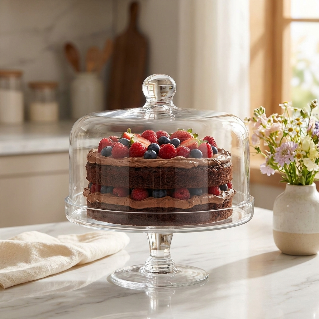 Glass cake stand with dome cover displaying a layered chocolate cake with berries on a marble counter
