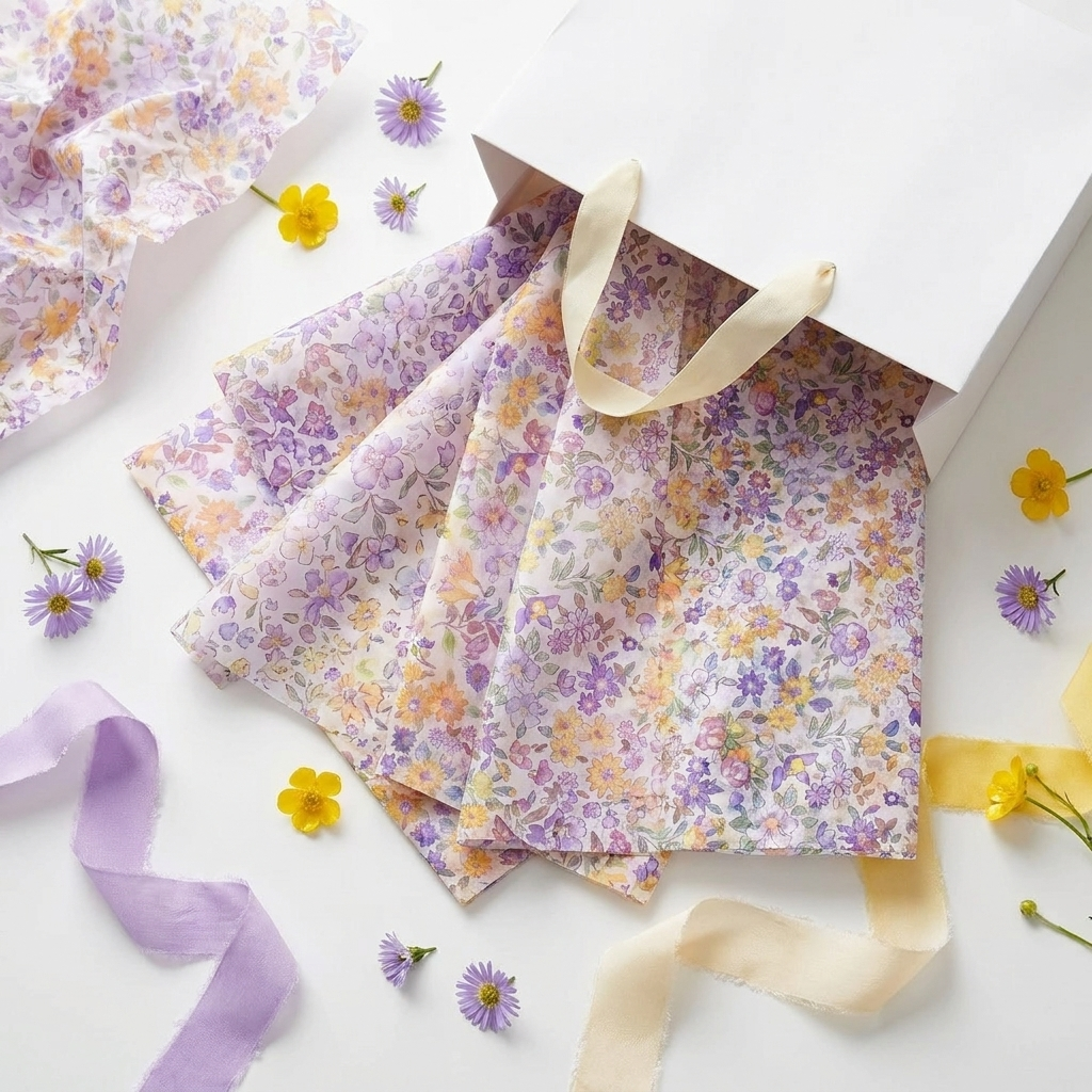 Bloom and Wrap colorful floral tissue paper sheets in 5 colors fanned open showing vibrant flower prints spilling from a gift bag with ribbon